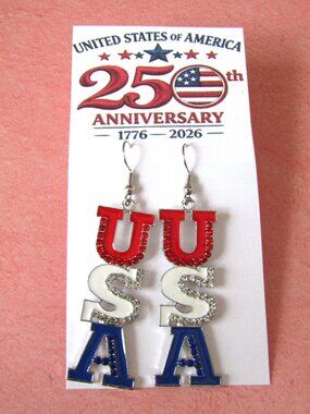 Patriotic Red White Blue Large Rhinestone USA Charm Silverplate Earrings 250th